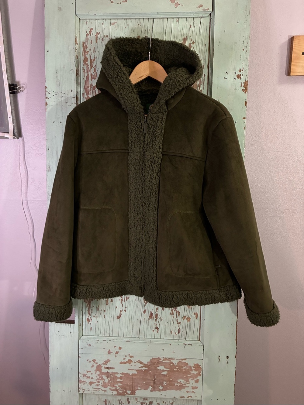 Cabela's Women's Olive Green Hooded Sherpa suede Jacket